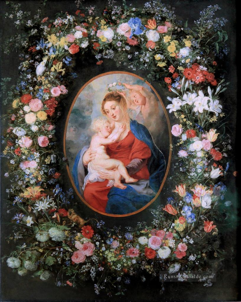 Die Jungfrau und das Kind in einem Kranz aus Blumen Barock Peter Paul Rubens Ölgemälde